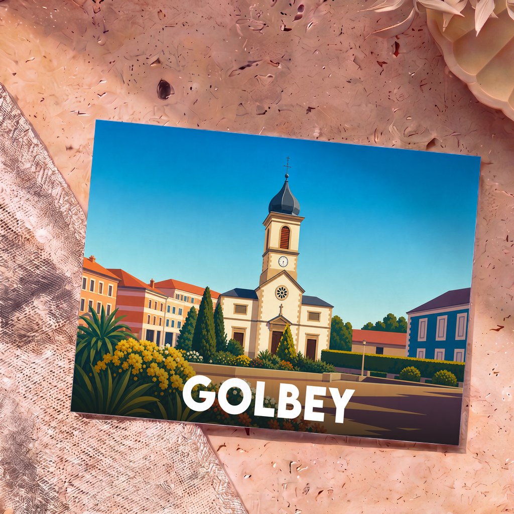 Carte postale souvenir de la ville de Golbey avec une illustration stylisée de son église et de ses bâtiments colorés.