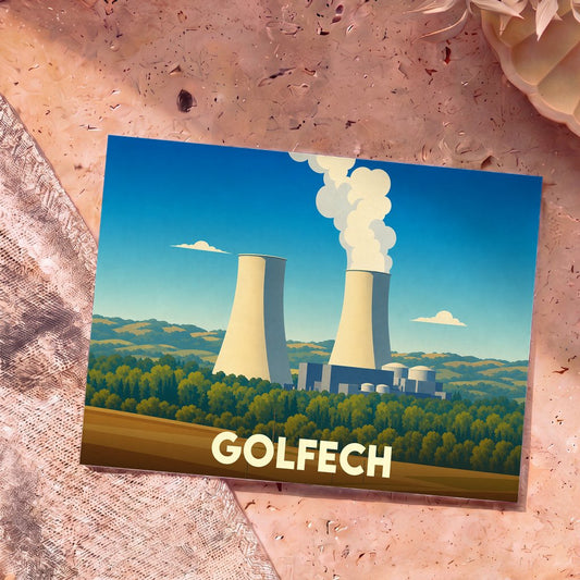Carte postale souvenir de la ville de Golfech avec une illustration stylisée de sa centrale nucléaire.