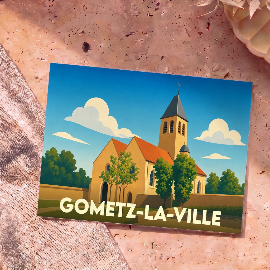 Carte postale souvenir de Gometz-la-Ville présentant une illustration stylisée de son église sous un ciel bleu.