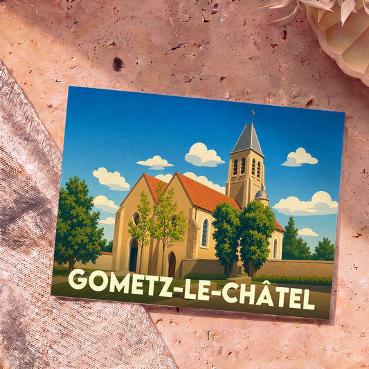 Carte postale souvenir de la ville de Gometz-le-Châtel avec une illustration stylisée de son église sous un ciel bleu.