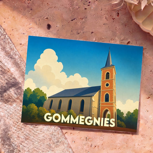 Carte postale souvenir de la ville de Gommegnies illustrant son église dans un style graphique épuré.