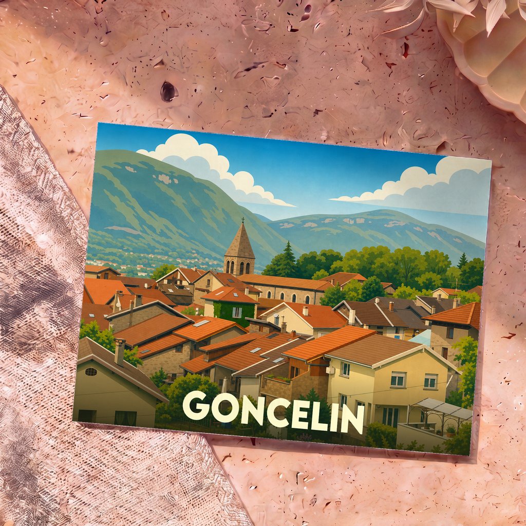 Carte postale souvenir de la ville de Goncelin avec une illustration stylisée d'un village de montagne.
