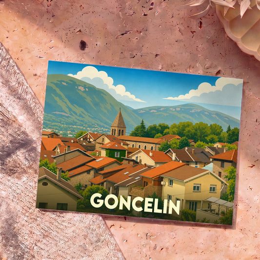 Carte postale souvenir de la ville de Goncelin avec une illustration stylisée d'un village de montagne.