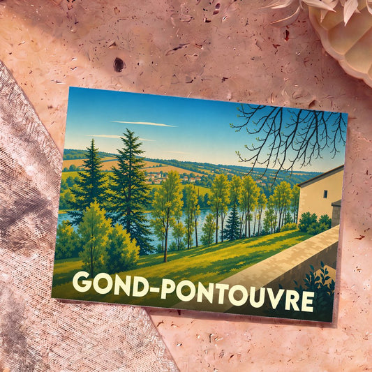 Carte postale souvenir de la ville de Gond-Pontouvre avec une illustration stylisée d'un paysage naturel.