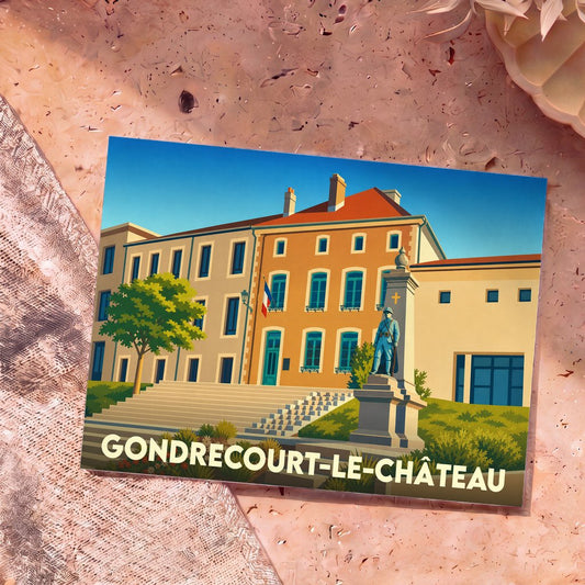 Carte postale souvenir de la ville de Gondrecourt-le-Château avec une illustration stylisée de son architecture et de son monument aux morts.