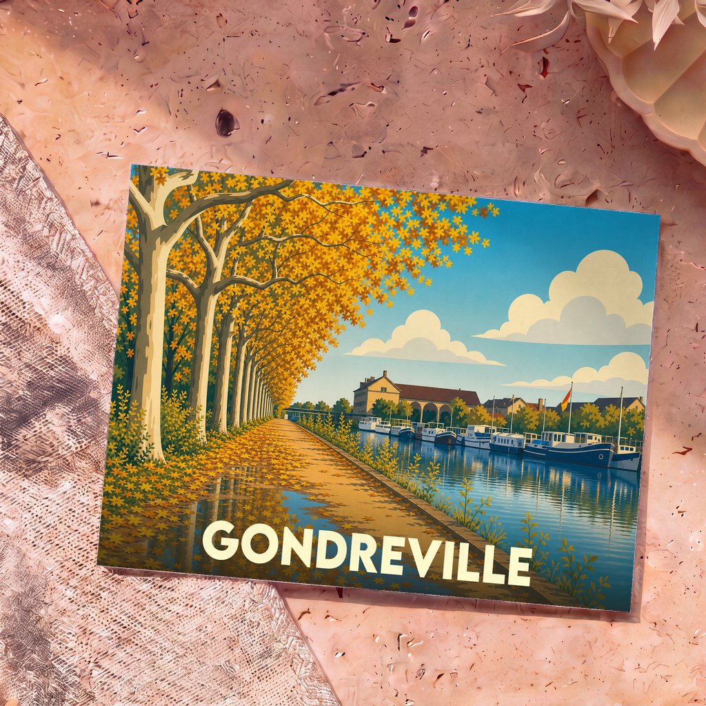 Carte postale souvenir de la ville de Gondreville avec une illustration stylisée d'un canal bordé d'arbres en automne.