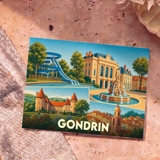 Carte postale souvenir de la ville de Gondrin illustrant ses lieux emblématiques dans un style coloré et rétro.