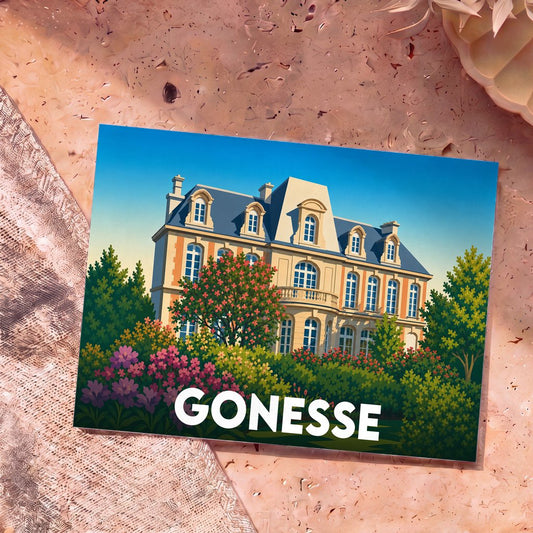 Carte postale souvenir de la ville de Gonesse illustrant une élégante demeure bourgeoise entourée de jardins fleuris.