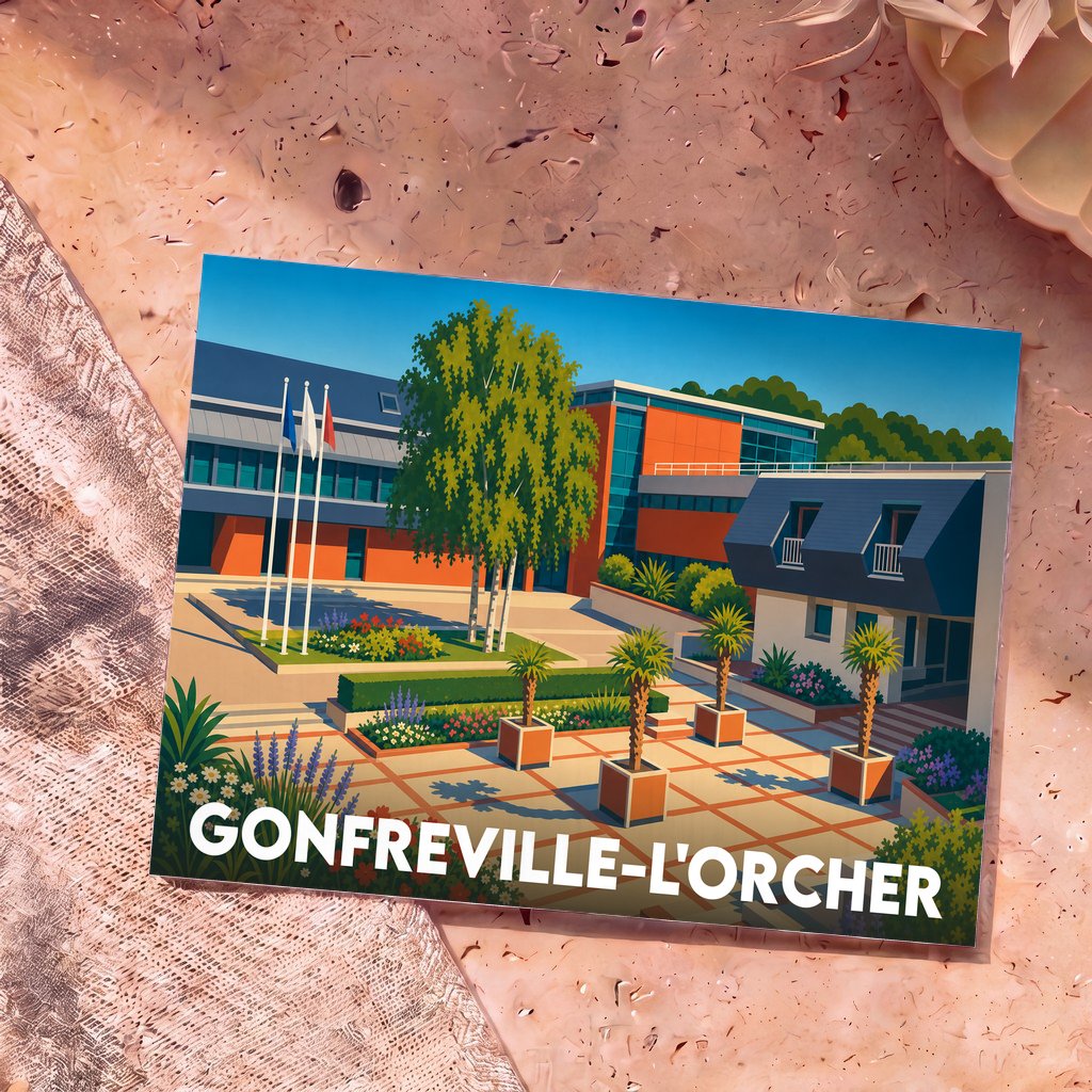 Carte postale souvenir de la ville de Gonfreville-l'Orcher avec une illustration colorée et stylisée de ses bâtiments et jardins.