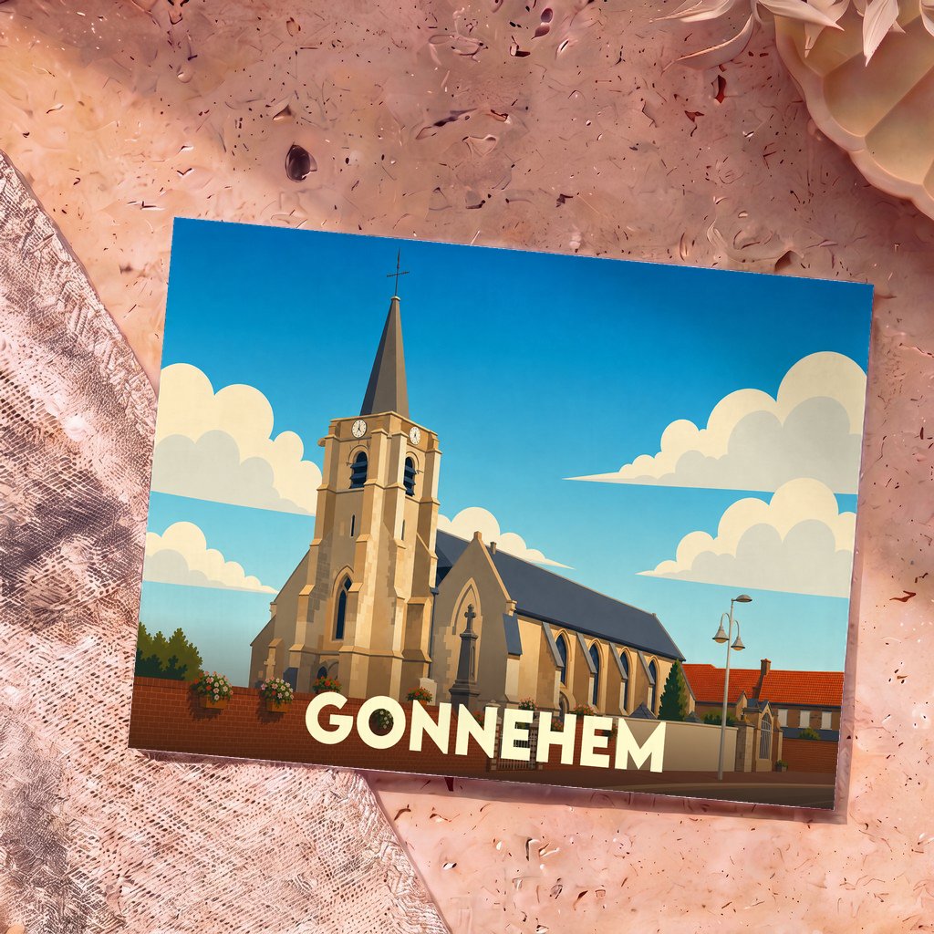 Carte postale souvenir de la ville de Gonnehem avec une illustration stylisée de son église.