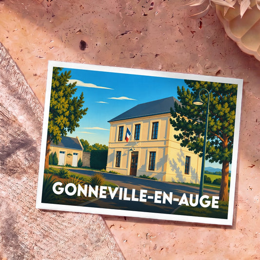 Carte postale souvenir de Gonneville-en-Auge avec une illustration stylisée de la mairie sous un ciel bleu.