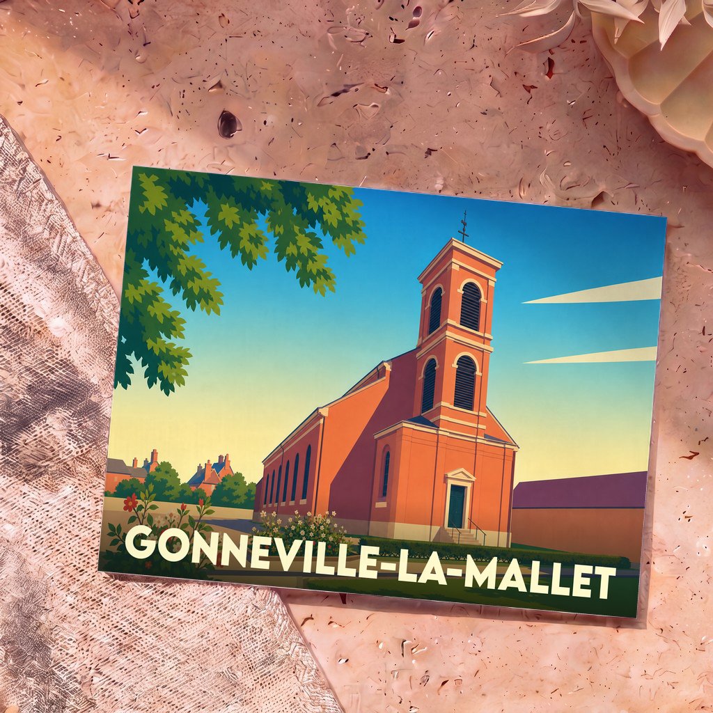 Carte postale souvenir de la ville de Gonneville-la-Mallet avec une illustration stylisée de son église sous un ciel azur.