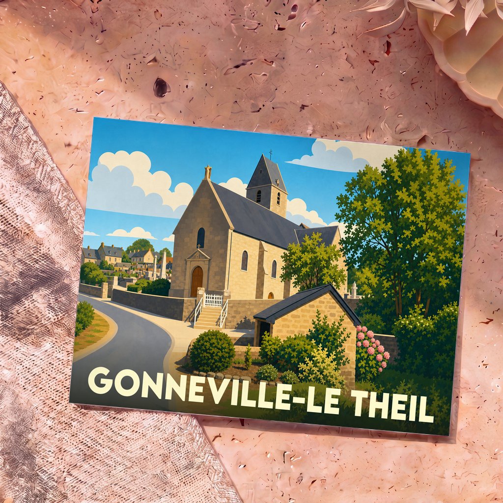 Carte postale souvenir de la ville de Gonneville-Le Theil avec une illustration stylisée de son église.