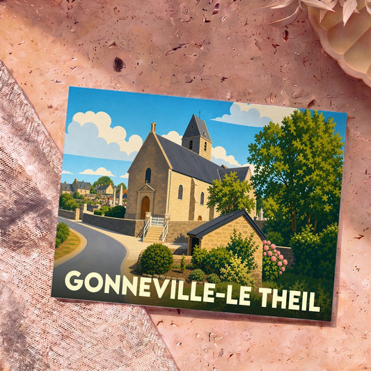 Carte postale souvenir de la ville de Gonneville-Le Theil avec une illustration stylisée de son église.