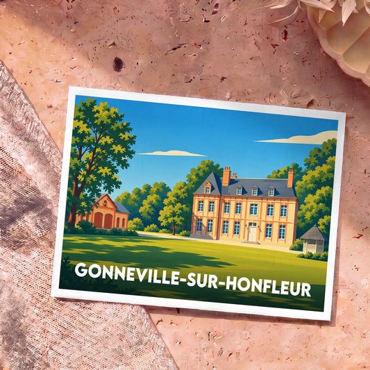 Carte postale souvenir de la ville de Gonneville-sur-Honfleur avec une illustration stylisée d'un manoir normand.