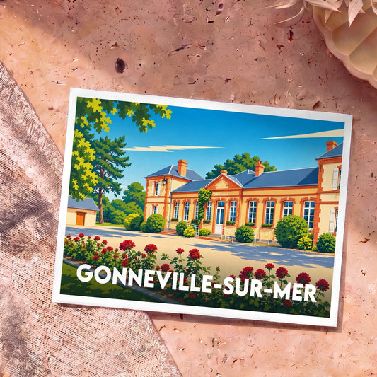 Carte postale souvenir de la ville de Gonneville-sur-Mer avec une illustration stylisée d'un manoir et de jardins.