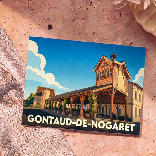 Carte postale souvenir de la ville de Gontaud-de-Nogaret avec une illustration stylisée de sa halle historique.