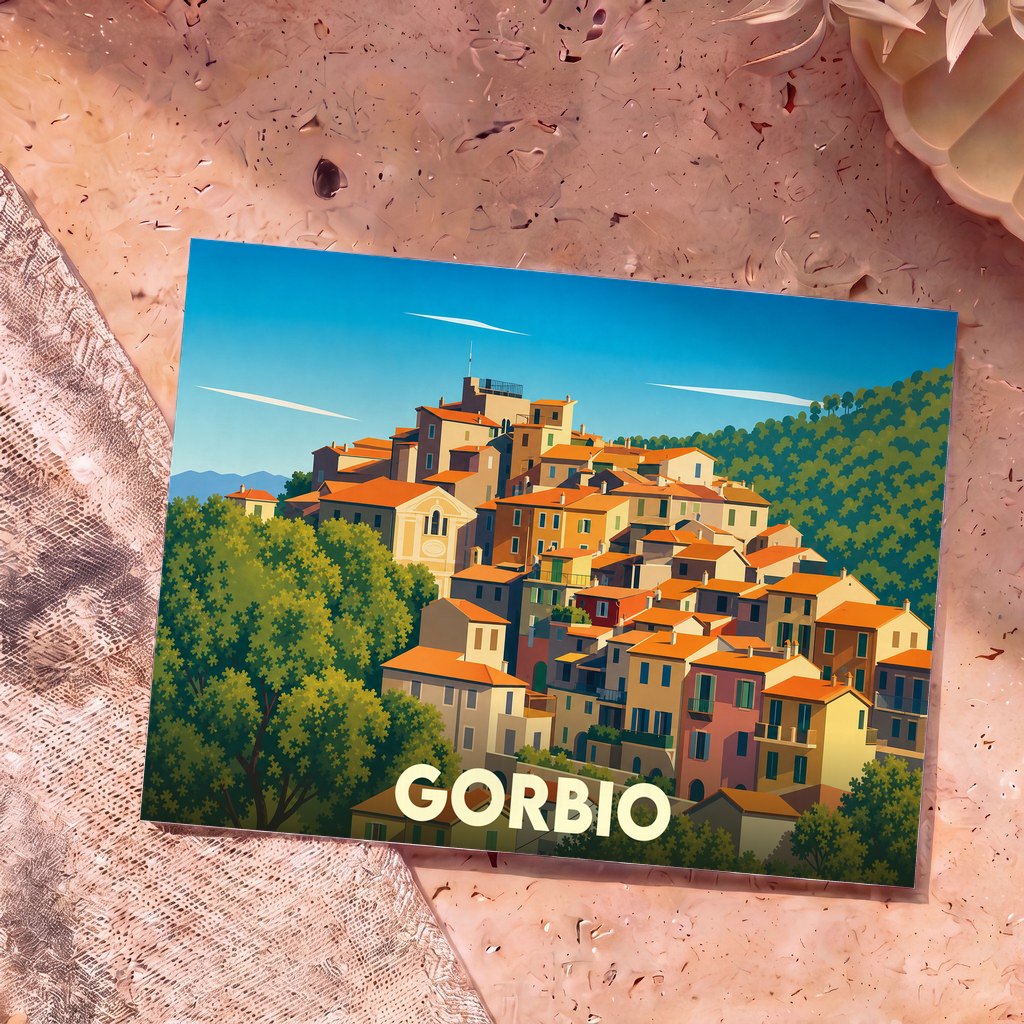 Carte postale souvenir de la ville de Gorbio avec une illustration stylisée d'un village perché.