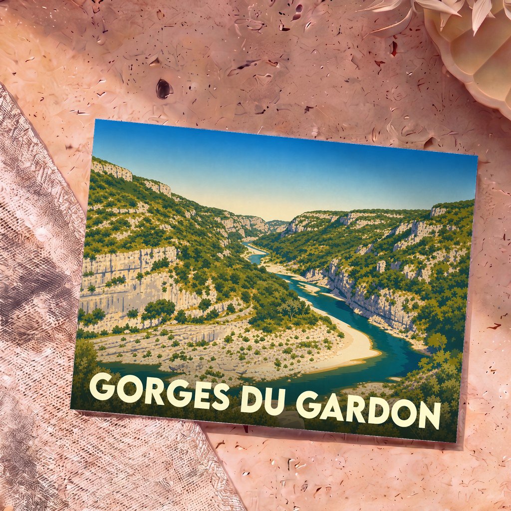Carte postale souvenir des Gorges du Gardon avec une illustration stylisée de la rivière serpentant entre les falaises.