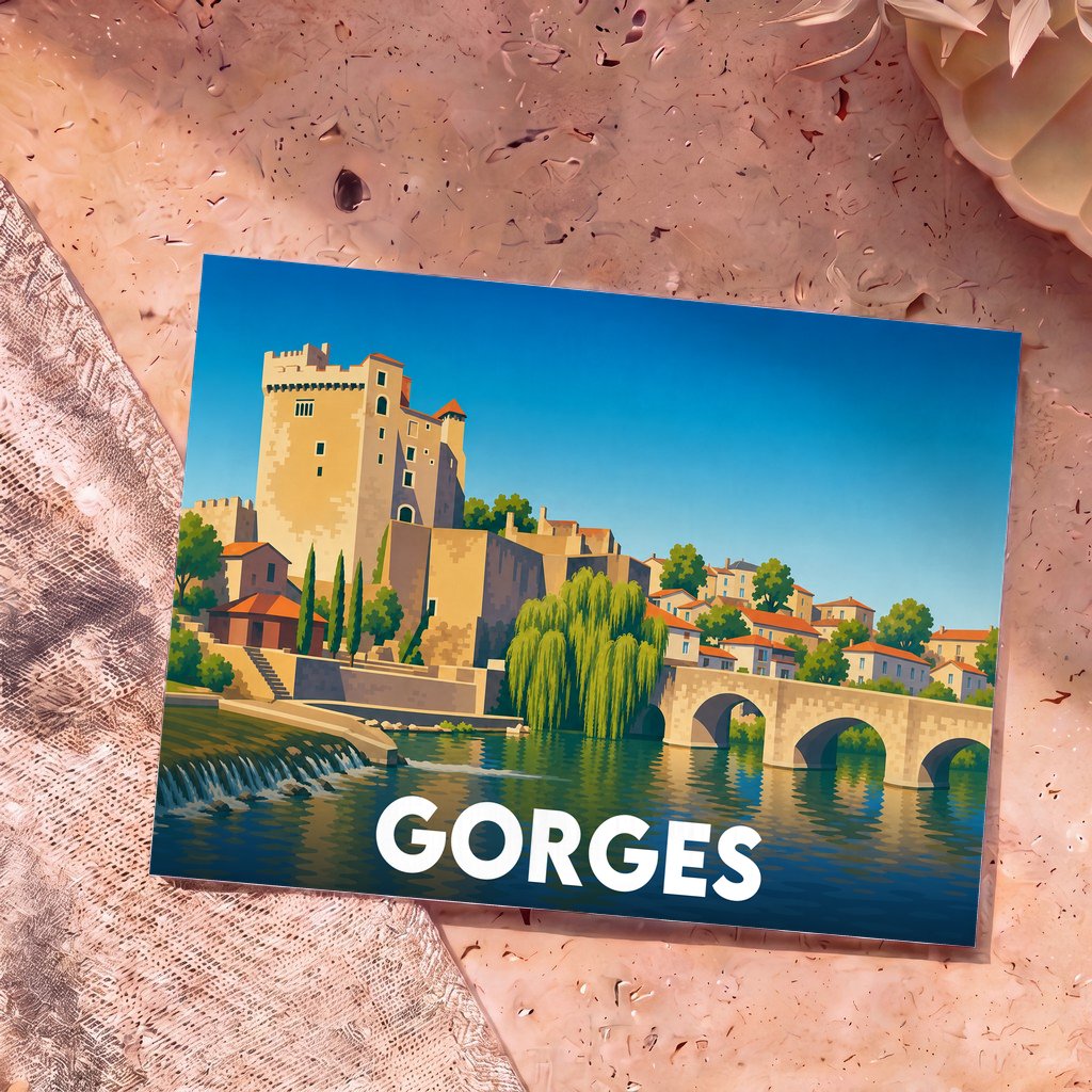 Carte postale souvenir de la ville de Gorges avec une illustration stylisée de son château et de son pont.