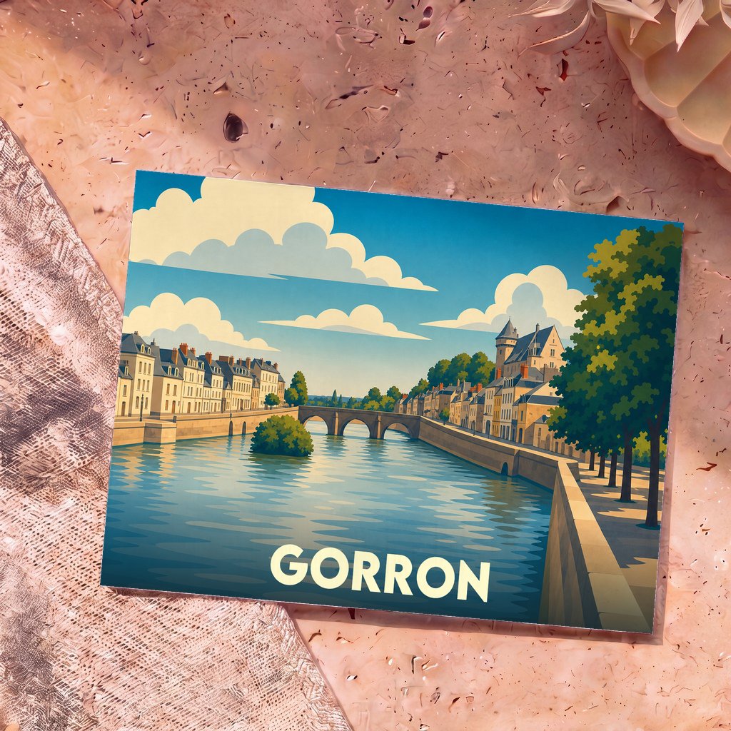 Carte postale souvenir de la ville de Gorron avec une illustration stylisée d'un pont enjambant une rivière bordée de bâtiments anciens.
