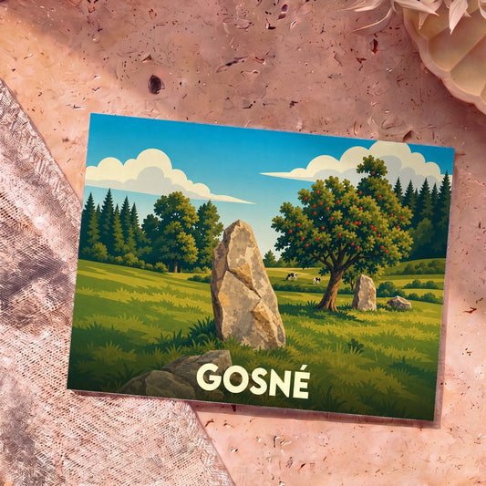 Carte postale souvenir de la ville de Gosné illustrant un paysage champêtre avec un menhir et un pommier.