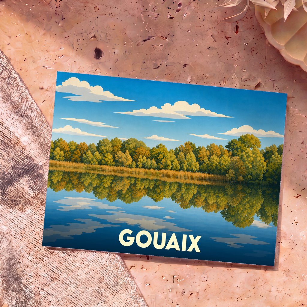 Carte postale souvenir de la ville de Gouaix illustrant un paysage de lac et de forêt aux reflets miroir.