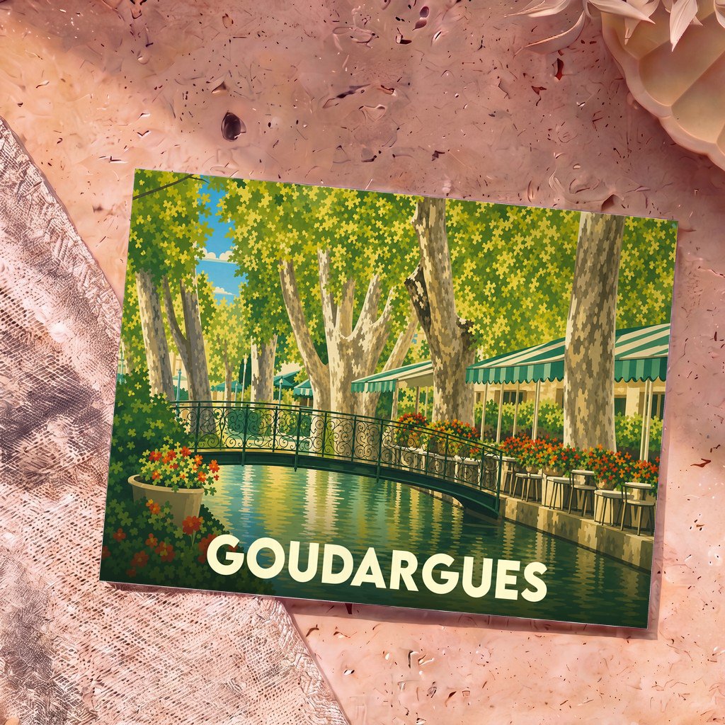 Carte postale souvenir de la ville de Goudargues illustrant un canal bordé de platanes et de terrasses.