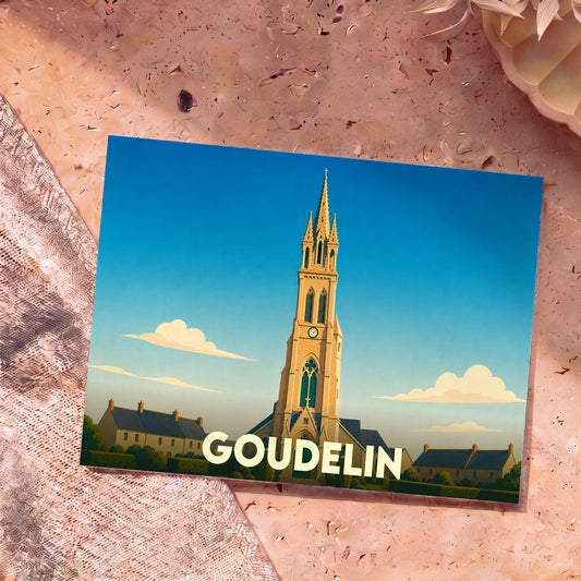 Carte postale souvenir de la ville de Goudelin avec une illustration stylisée de son église.