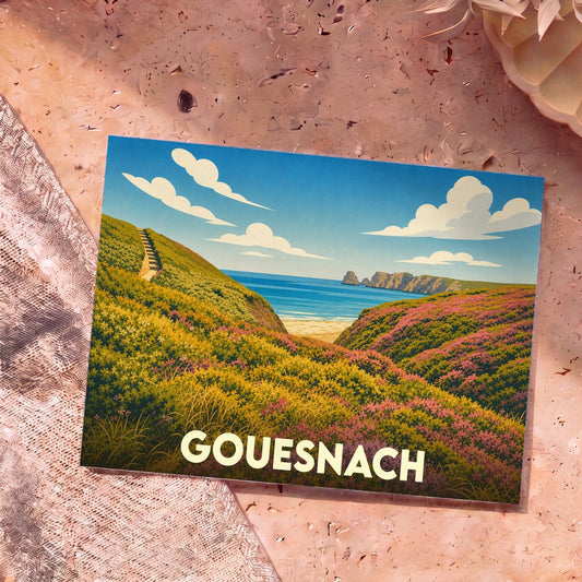 Carte postale souvenir de la ville de Gouesnach avec une illustration stylisée d'un paysage côtier fleuri.