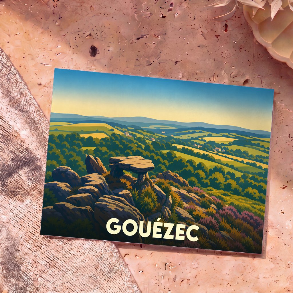 Carte postale souvenir de la ville de Gouézec avec une illustration stylisée de ses paysages vallonnés.