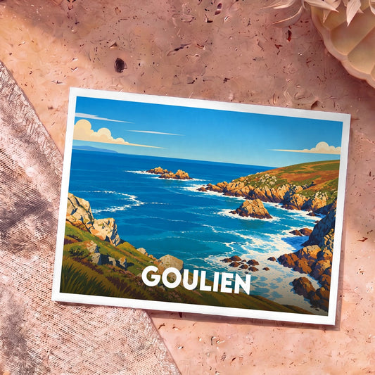 Carte postale souvenir de la ville de Goulien avec une illustration stylisée de son littoral escarpé.