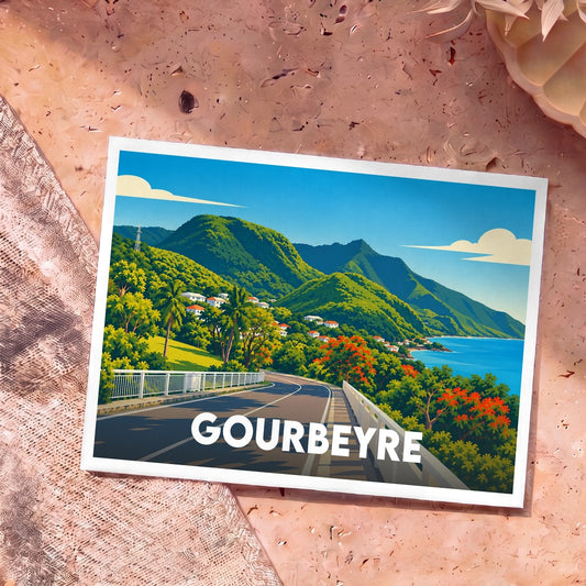 Carte postale souvenir de la ville de Gourbeyre avec une illustration stylisée de son paysage littoral et montagneux.