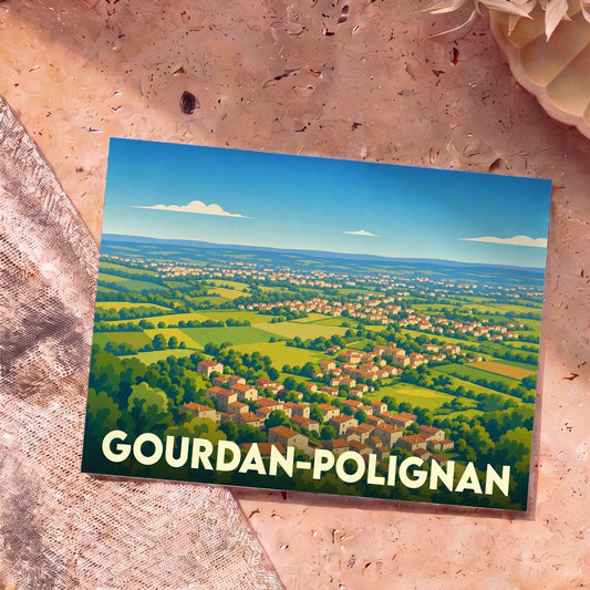 Carte postale souvenir de la ville de Gourdan-Polignan avec une illustration stylisée d'un paysage de campagne vallonné.