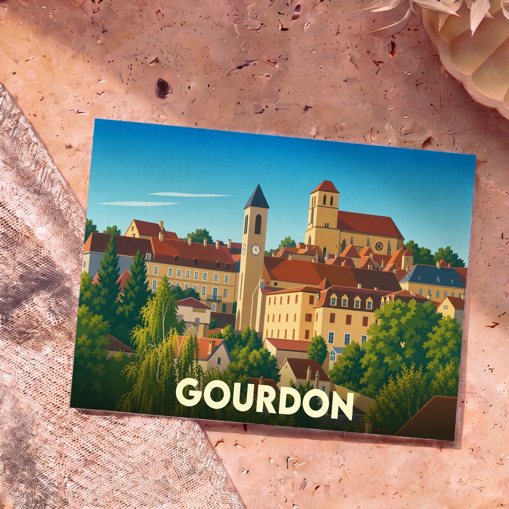 Carte postale souvenir de la ville de Gourdon avec une illustration stylisée et colorée.