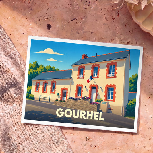 Carte postale souvenir de la ville de Gourhel avec une illustration stylisée de sa mairie.