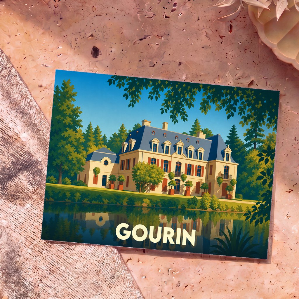 Carte postale souvenir de la ville de Gourin illustrant un château majestueux se reflétant dans l'eau.