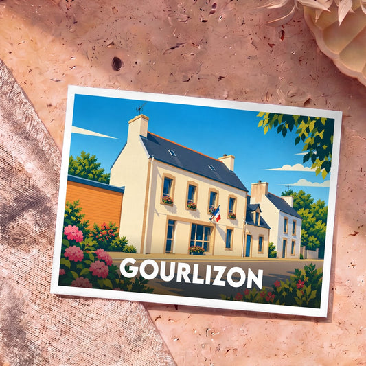 Carte postale souvenir de la ville de Gourlizon avec une illustration stylisée d'une maison traditionnelle bretonne.