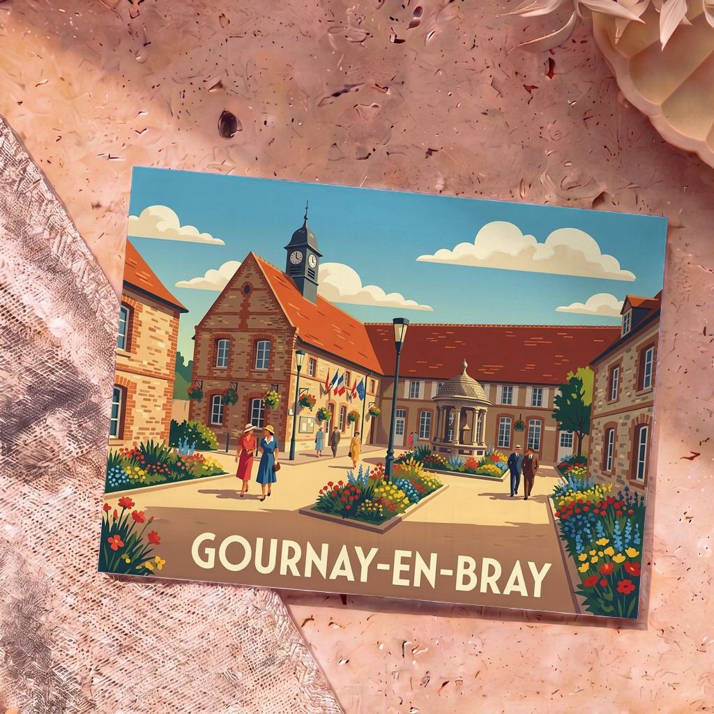 Carte postale souvenir de la ville de Gournay-en-Bray avec une illustration stylisée et colorée de son centre historique.