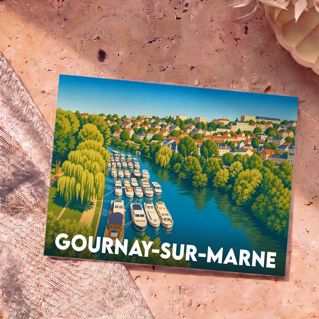 Carte postale souvenir de Gournay-sur-Marne avec une illustration stylisée de bateaux sur la rivière bordée d'arbres.