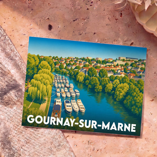 Carte postale souvenir de Gournay-sur-Marne avec une illustration stylisée de bateaux sur la rivière bordée d'arbres.