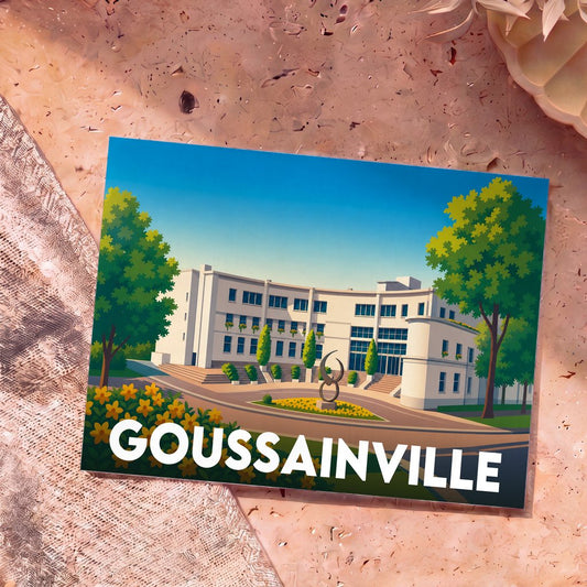Carte postale souvenir de la ville de Goussainville avec une illustration stylisée de son hôtel de ville.