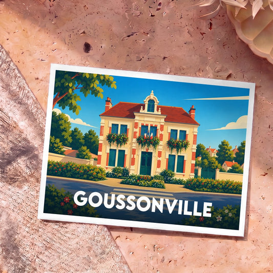 Carte postale souvenir de la ville de Goussonville avec une illustration stylisée de son hôtel de ville.