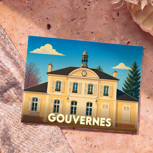 Carte postale souvenir de la ville de Gouvernes avec une illustration stylisée de sa mairie.