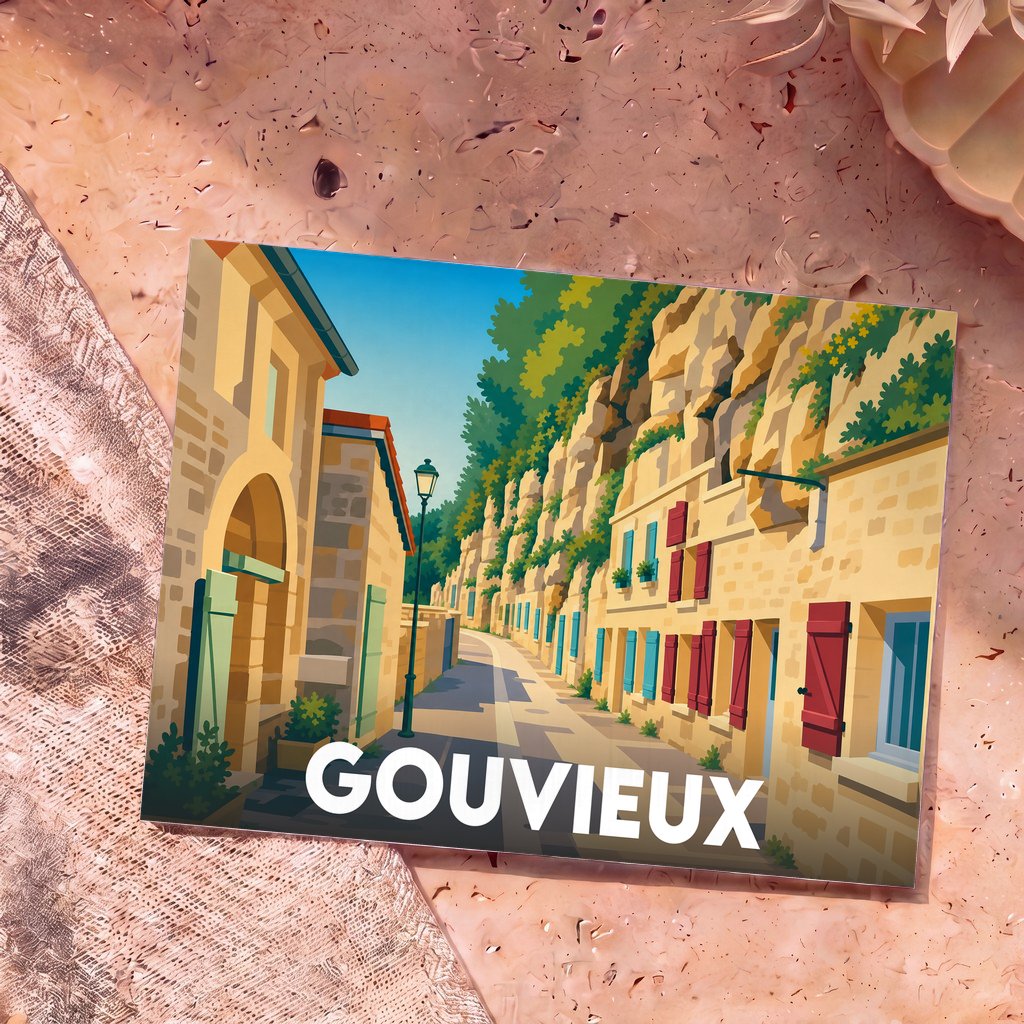 Carte postale souvenir de la ville de Gouvieux avec une illustration stylisée de ses maisons troglodytes.