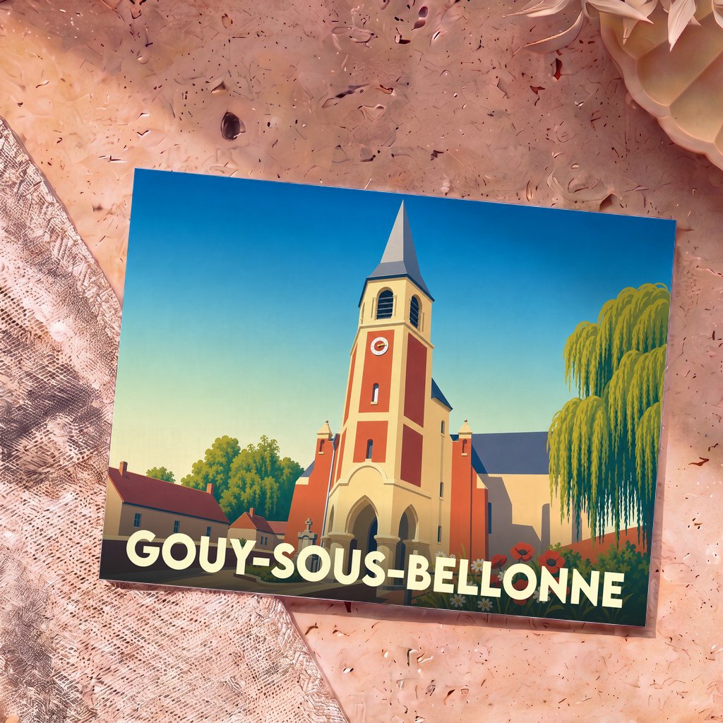 Carte postale souvenir de la ville de Gouy-sous-Bellonne avec une illustration stylisée de son église.