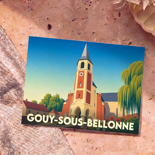 Carte postale souvenir de la ville de Gouy-sous-Bellonne avec une illustration stylisée de son église.