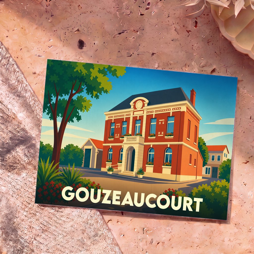 Carte postale souvenir de la ville de Gouzeaucourt avec une illustration stylisée de sa mairie en briques rouges.