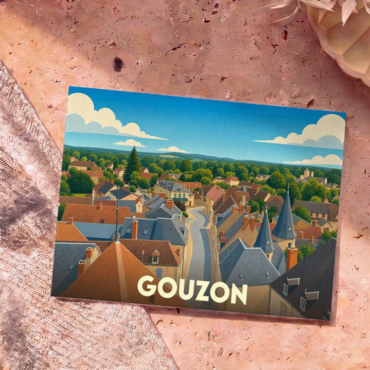 Carte postale souvenir de la ville de Gouzon illustrant une vue aérienne stylisée de ses toits.