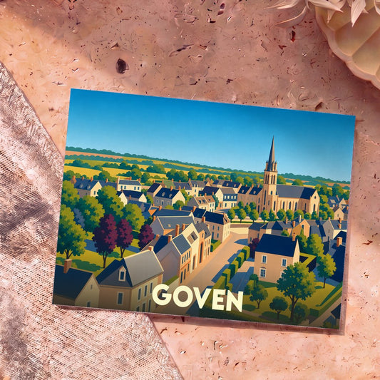 Carte postale souvenir de la ville de Goven avec une illustration stylisée et colorée.